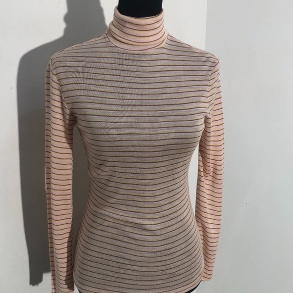 Vintage Tops - 70s Vintage Acrylic Pink Striped Turtleneck Shirt